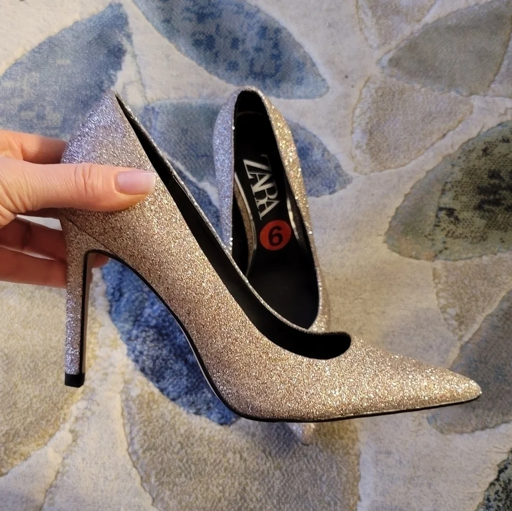 Zara Woman Gold Shimmer Glitter Stiletto - Picture 10 of 12